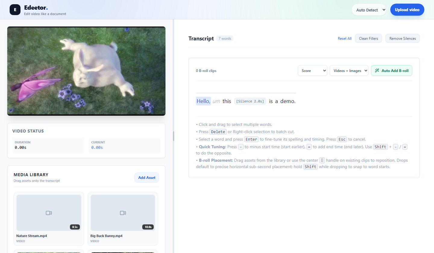 Edeetor Text-Based Video Editor Interface